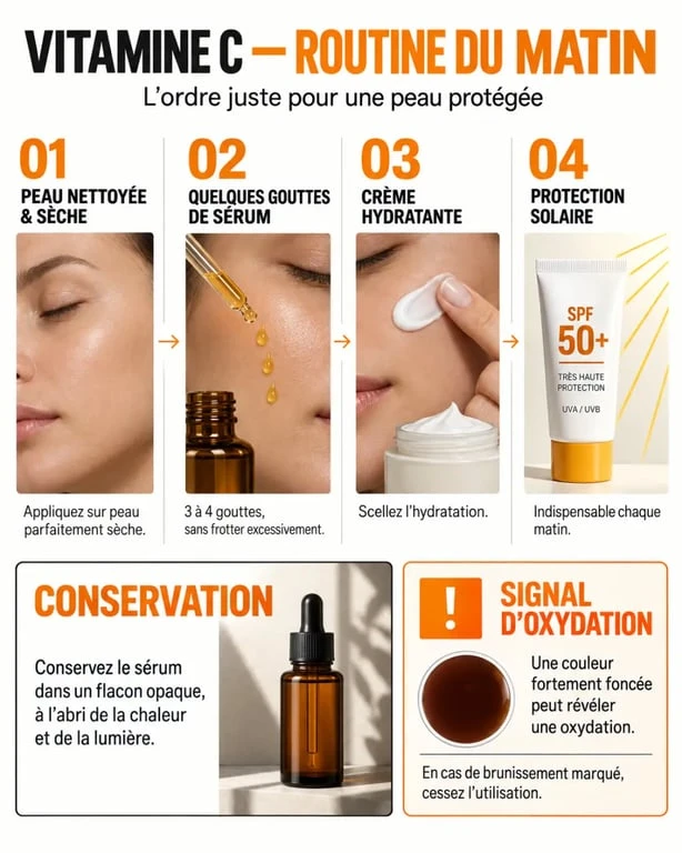 Schéma d’application et de conservation du meilleur sérum vitamine C dans une routine du matin