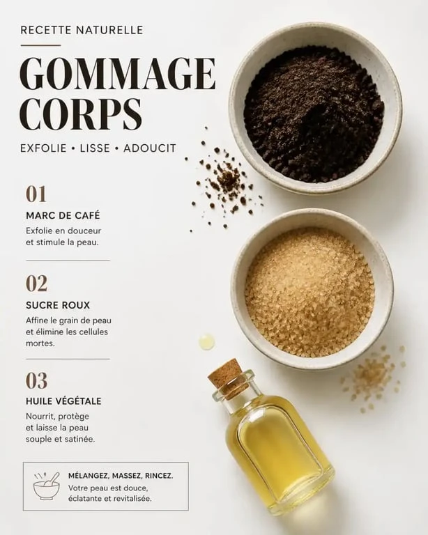 Ingrédients naturels pour faire un gommage corps maison : café, sucre et huile végétale