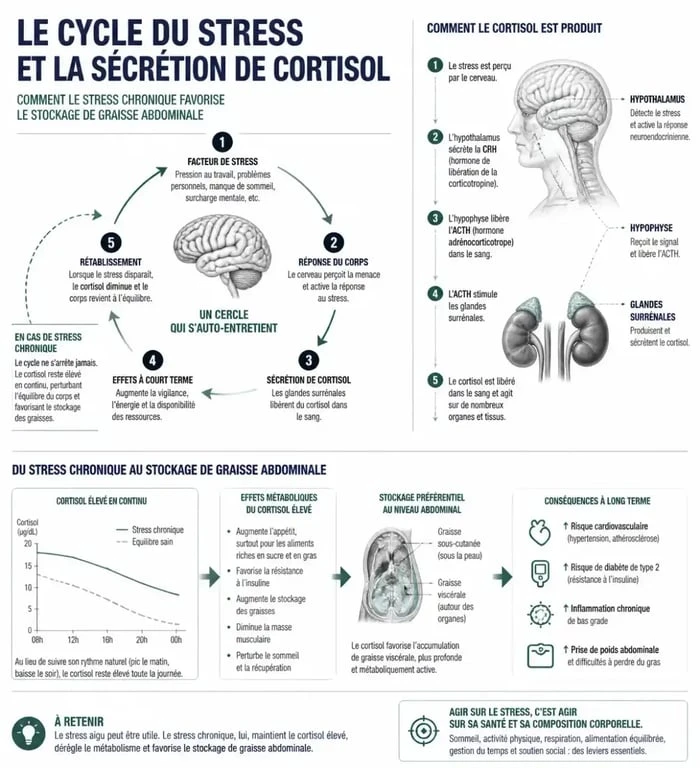 Infographie sur l'impact du cortisol et du stress sur le stockage de la graisse abdominale