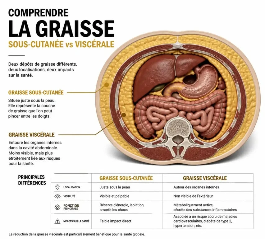 Schéma comparatif entre graisse sous-cutanée et graisse viscérale pour enlever les graisses du ventre
