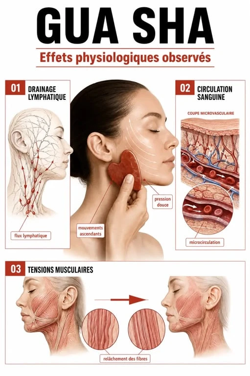 Infographie expliquant les bienfaits du gua sha pour la peau et le visage