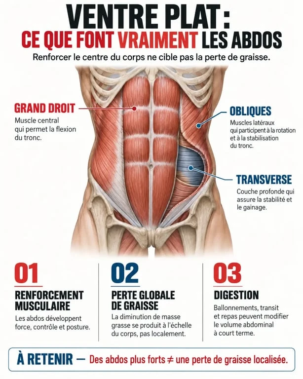 Schéma des muscles sollicités pour un ventre plat et des abdos