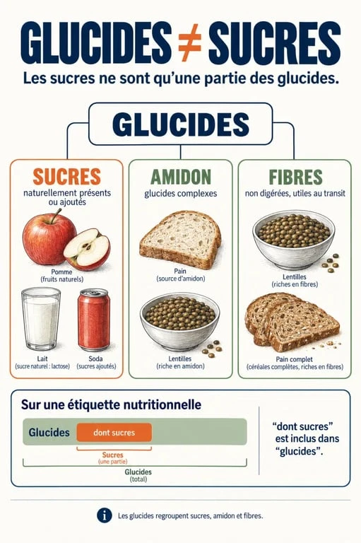 Infographie comparative sur la différence entre glucide et sucre, avec sucres, amidon et fibres