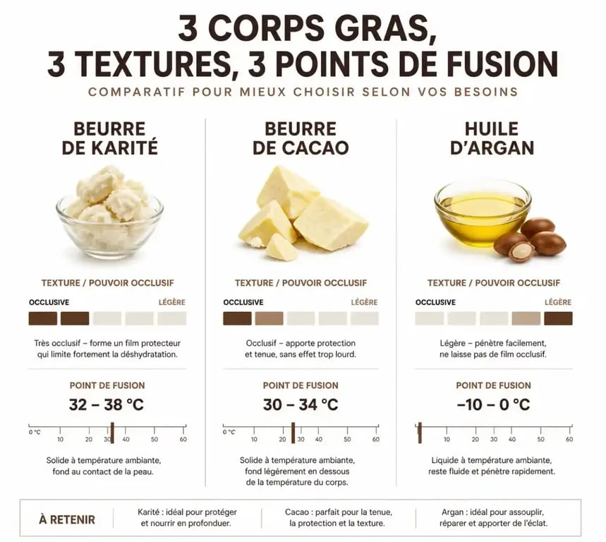 Comparatif beurre de karité, beurre de cacao et huile d'argan selon texture et fusion