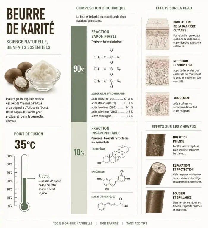 Infographie sur les bienfaits du beurre de karité et sa composition en insaponifiables