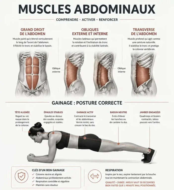Schéma anatomique des muscles abdominaux pour un programme abdos homme maison