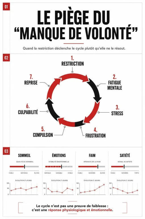 Je veux maigrir mais je n ai aucune volonte : schéma du cercle restriction-fatigue-compulsion et des facteurs émotionnels
