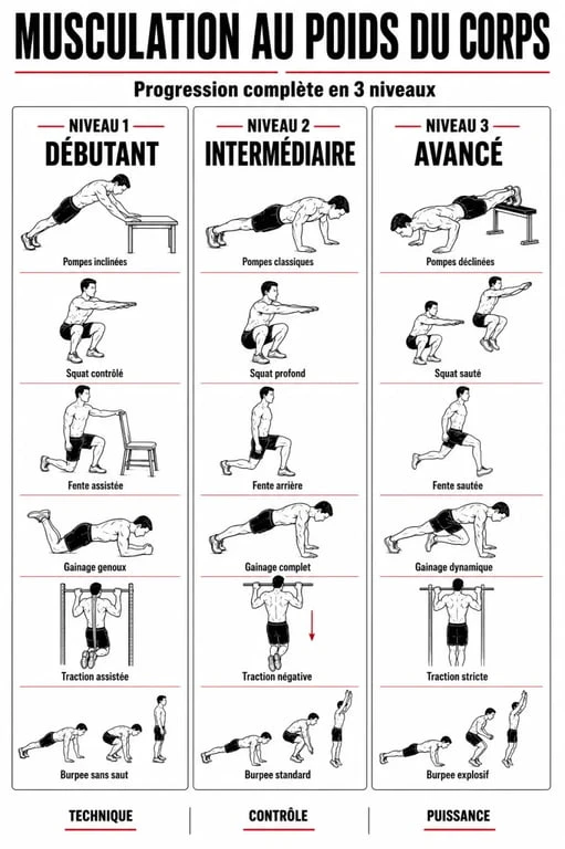 Musculation poids du corps programme en trois niveaux débutant, intermédiaire et avancé
