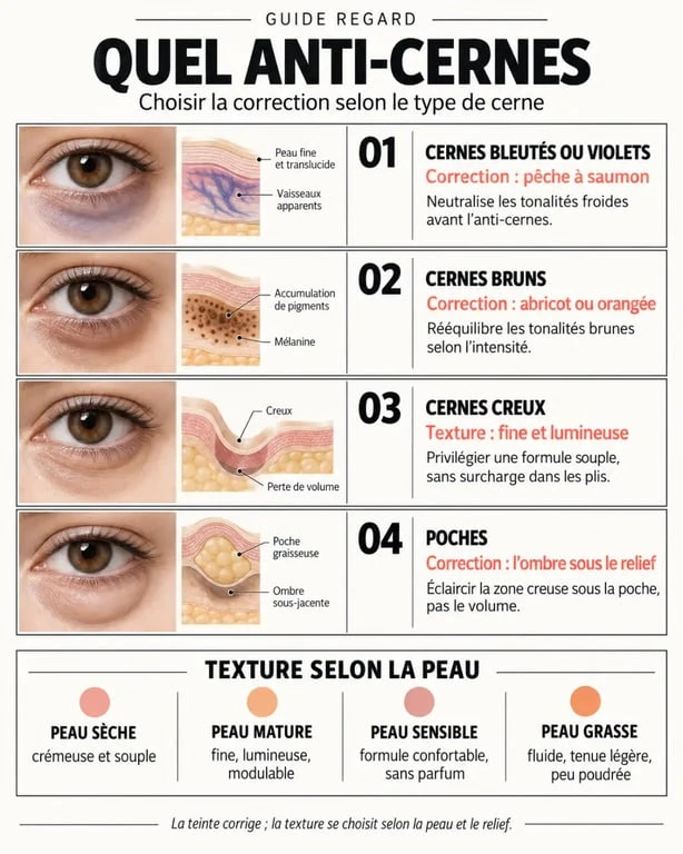 Infographie comparative pour choisir le meilleur anti-cernes selon la couleur des cernes et le type de peau
