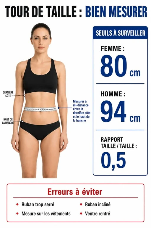Perdre tour de taille : méthode de mesure correcte et seuils 80 cm, 94 cm et 0,5