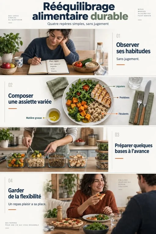 Comment faire un reequilibrage alimentaire : étapes pour observer ses habitudes, composer une assiette équilibrée et s’organiser