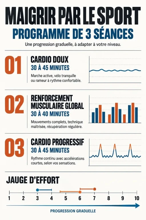Infographie maigrir par le sport programme de 3 séances avec cardio, renforcement et progression