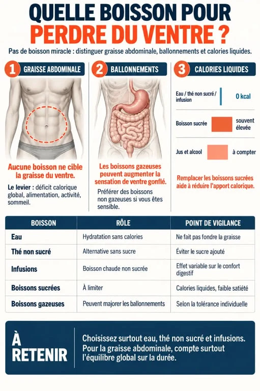 Infographie sur les boissons pour perdre du ventre, les calories liquides et les ballonnements