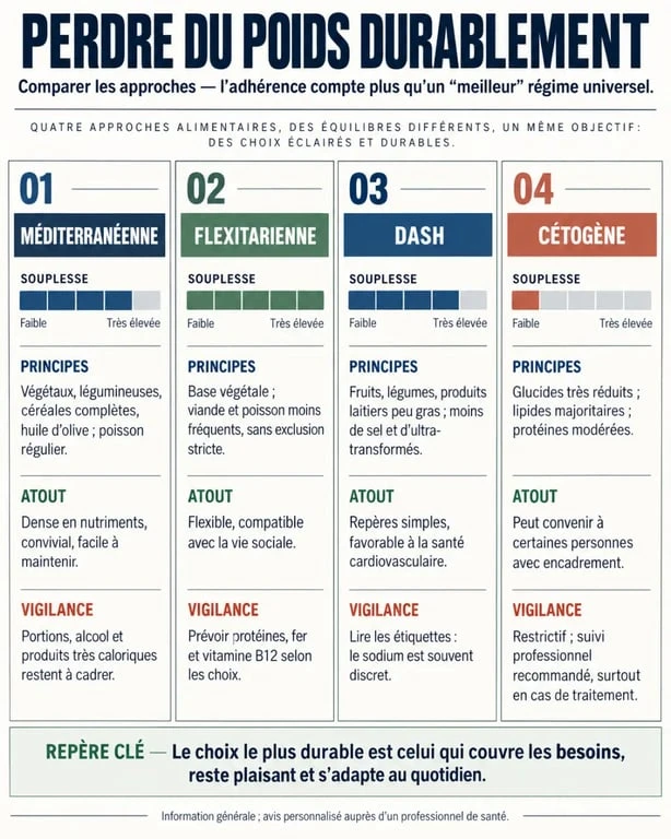 Infographie comparative sur le meilleur régime pour perdre du poids : méditerranéen, flexitarien, DASH et cétogène