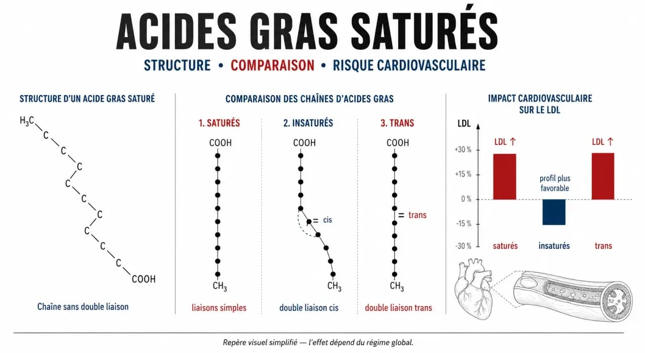 Acide gras sature bon ou mauvais : infographie comparant graisses saturées, insaturées et trans et leurs effets sur la santé