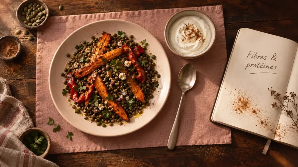 Recette pour maigrir le ventre : salade tiède de lentilles, yaourt et légumes rôtis