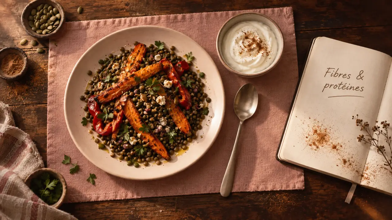 Recette pour maigrir le ventre : salade tiède de lentilles, yaourt et légumes rôtis