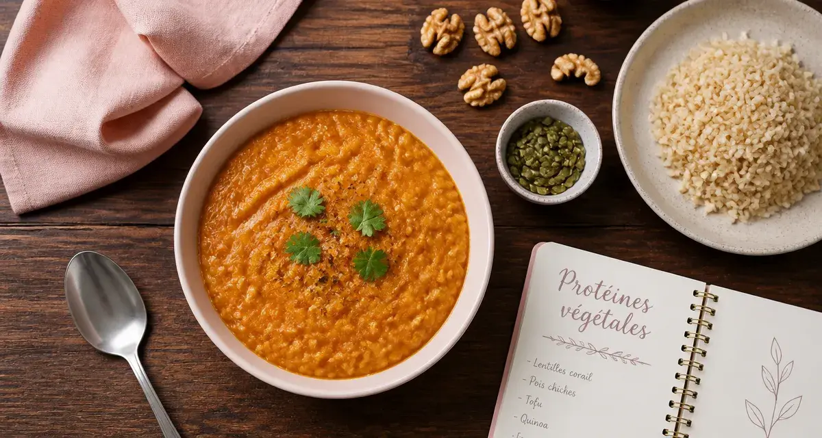 Bol de lentilles corail, sources de proteines vegetales, riz complet et noix