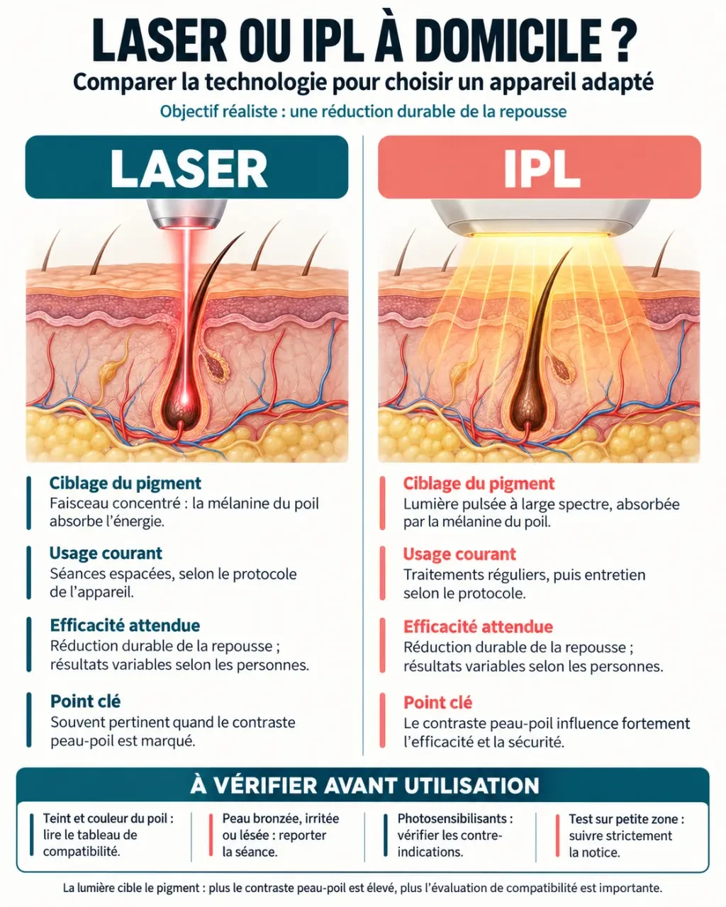 Infographie pour choisir le meilleur épilateur laser entre laser et IPL selon la peau et les poils