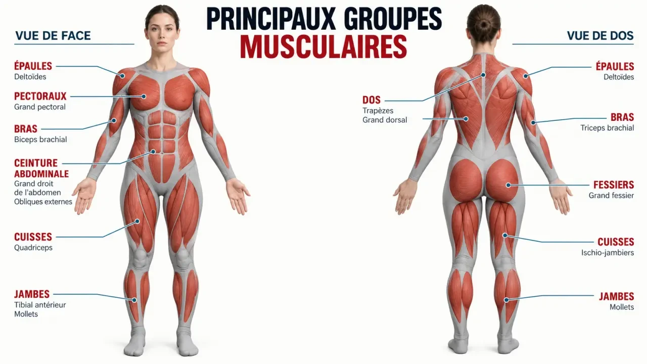 Schéma des principaux muscles du corps femme, vus de face et de dos