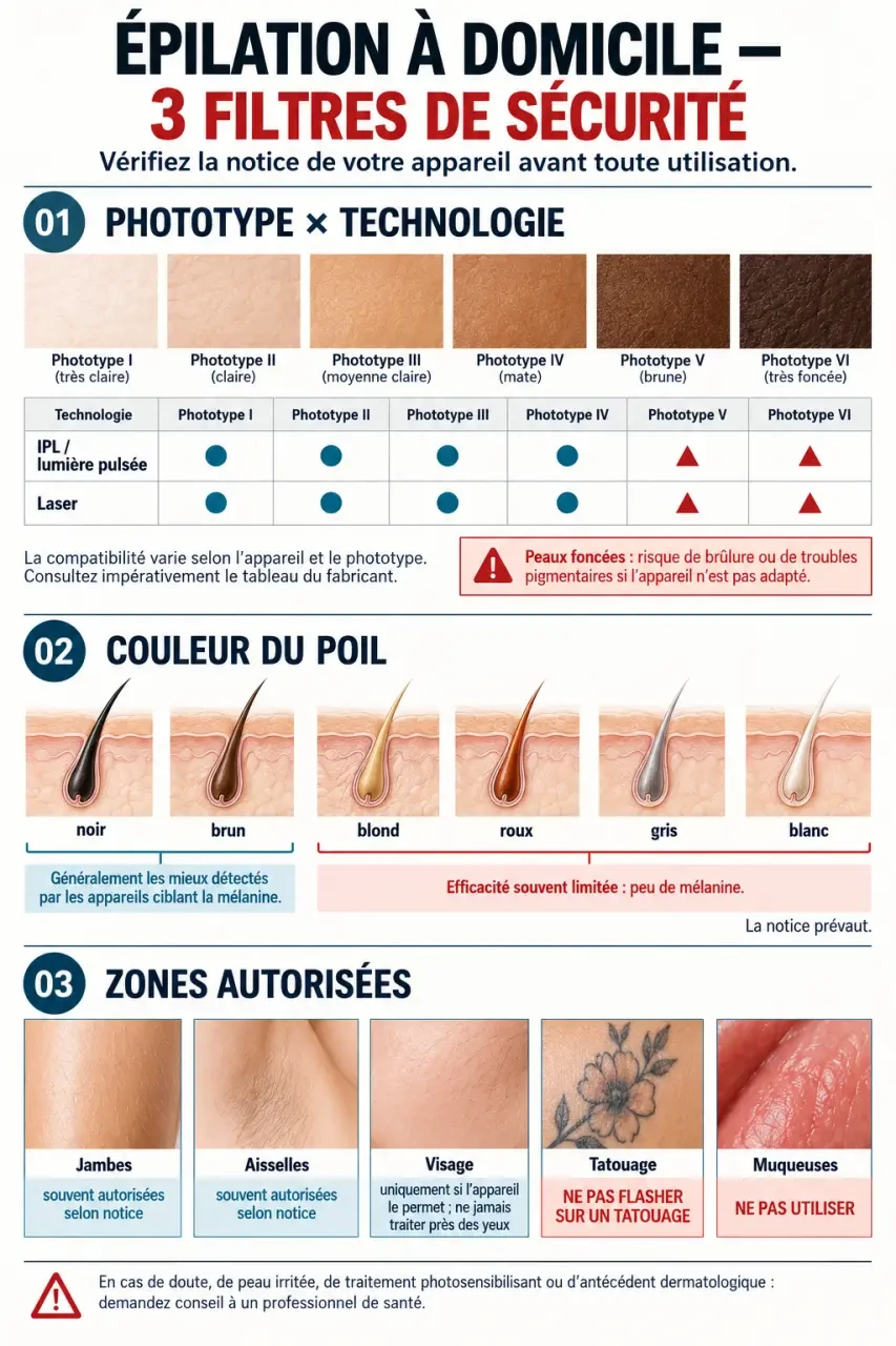 Infographie de compatibilité d’un appareil épilation définitive selon la peau, les poils et les zones