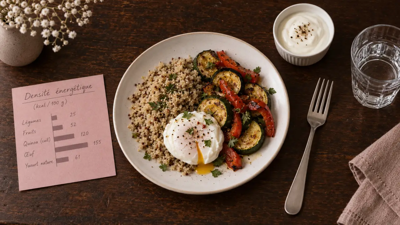 Quoi manger pour maigrir : assiette de quinoa et légumes pour rester rassasié, sans faim